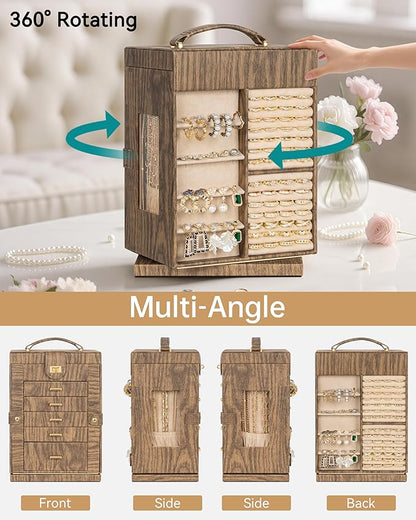 AKOZLIN 360° Rotating Jewelry Box 6-Tier Organizer Functional Jewelry Storage Case for Women Girls Ring Necklace Earring Bracelet Holder with Mirror Color Wood Grain