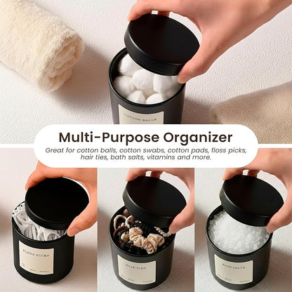 Maisonovo Glass Bathroom Containers with Lids (Airtight) - Qtip Holder - Apothecary Jars for Cotton Rounds, Swabs, Balls, Pads - Black Q Tip Dispenser - 2 pcs Bathroom Canisters Set for Organization