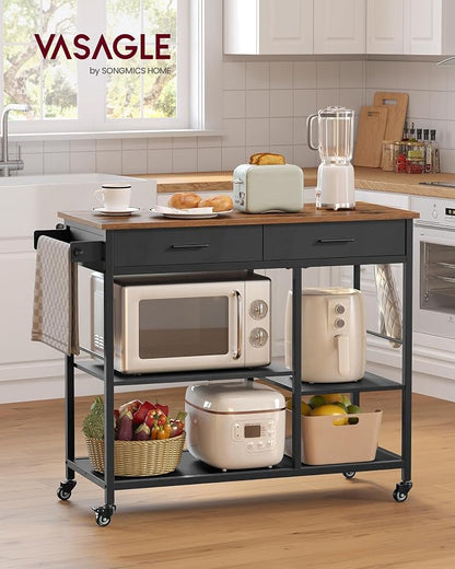 VASAGLE Kitchen Rolling Island, Mobile Kitchen Cart with Storage on Wheels, 17.7 x 38.8 x 35.4 Inches, Towel Rack, 2 Drawers, 2 Hooks, for Dining Room, Rustic Brown and Ink Black UKKI010KD01