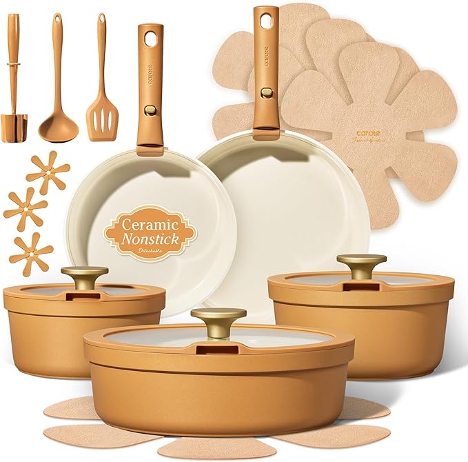 Carote 20pcs Ceramic Cookware Set with Detachable Handles, Pots and Pans Set Non Stick, RV Kitchen Cooking Pot and Pan, Dishwasher Safe, Non-toxic Induction Cookware PFAS and PFOA Free,Orange