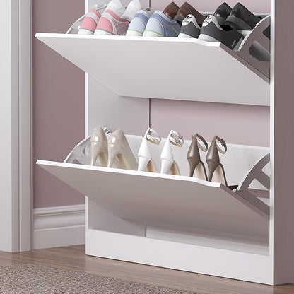 BORNOON Shoe Cabinet with 3 Flip Drawers & Coat Rack, Narrow Hidden Shoe Storage Cabinet, 2-in-1 Hall Tree Slim Freestanding Shoe Rack Organizer for Entryway, Hallway, and Living Room