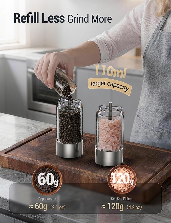 ThermoMaven Electric Salt and Pepper Grinder Set, 110ml Larger Rechargeable Automatic Salt and Pepper Mill Grinder with 6 Adjustable Coarseness, Electric Salt and Pepper Shakers, LED, Pistachio