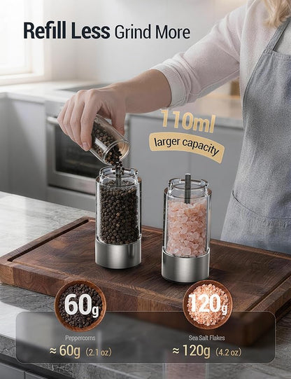 ThermoMaven Electric Salt and Pepper Grinder Set, 110ml Larger Rechargeable Automatic Salt and Pepper Mill Grinder with 6 Adjustable Coarseness, Electric Salt and Pepper Shakers, LED, Pistachio