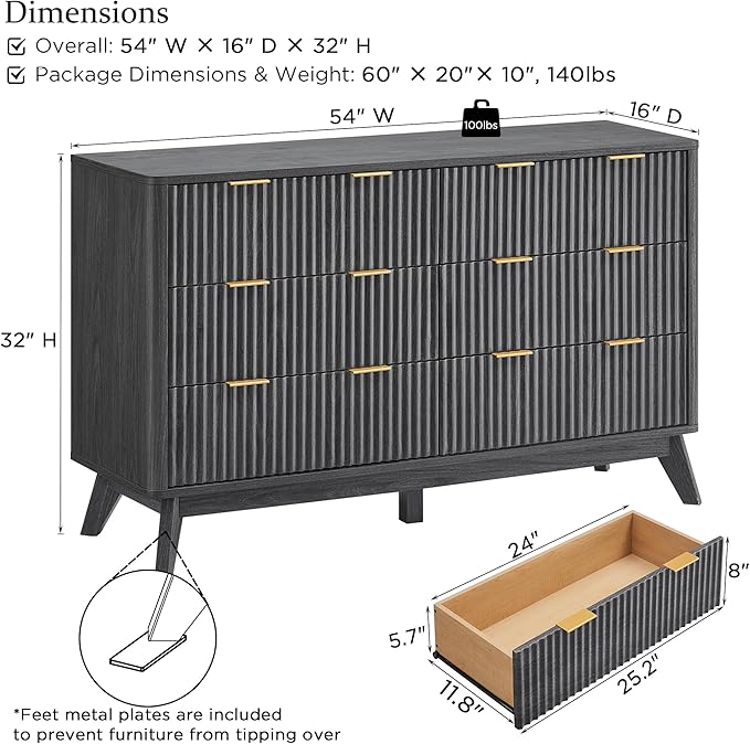 T4TREAM Fluted 6 Drawers Dresser, 54" Wide Modern Chest of Drawers, Curved Profile Design, Dresser TV Stand, Wood Drawer Organizer for Bedroom, Living Room, Hallway, Dark Alder