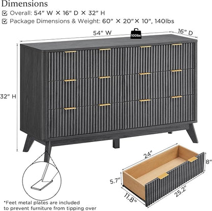 T4TREAM Fluted 6 Drawers Dresser, 54" Wide Modern Chest of Drawers, Curved Profile Design, Dresser TV Stand, Wood Drawer Organizer for Bedroom, Living Room, Hallway, Dark Alder