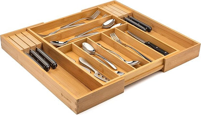 Purawood Bamboo Drawer Organizer with Knife Blocks - Silverware Organizer & Utensil Drawer Organizer, Cutlery Tray with Dividers, 7-9 Slots- Premium Kitchen Organizer for Utensils & Flatware (Natural)