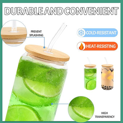 Joyclub 12 Set Glass Cups with Bamboo Lids and Glass Straws 16oz Can Shaped Reusable Clear Iced Coffee Glasses Bulk Set Drinking Jars wholesale for Party Weddings Cafes Boba Shops Gifts DIY