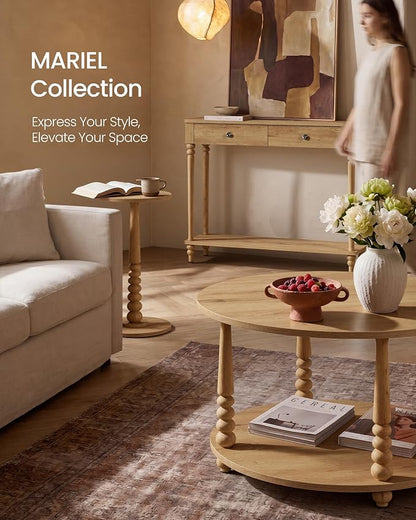 VASAGLE Round Coffee Table, 2-Tier Center Table with Storage, Solid Wood Legs, Mid-Century Modern, 31.5 Dia. x 17.7 H Inches, for Living Room, Natural Brown, Mariel Collection ULCT277HC02S