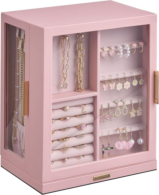 Glimmloop 360° Rotating Jewelry Box with 5 Drawers, Spacious Vertical Jewelry Organizer with Glass Window, Jewelry Storage Case, Dustproof & Moisture-resistant Design, Pink