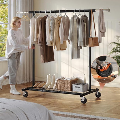 Raybee Clothing Rack for Hanging Clothes, Rolling Clothes Rack Load 250LBS, Metal Clothes Racks, Garment Rack with Wheels Portable, Black