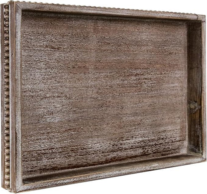 Wooden Decorative Tray, Rectangular Serving Tray with Wood Bead, Farmhouse Big Tray for Ottoman, Countertop, Coffee Tabl, 16.5" x 13"x 1.6" (Retro Brown)