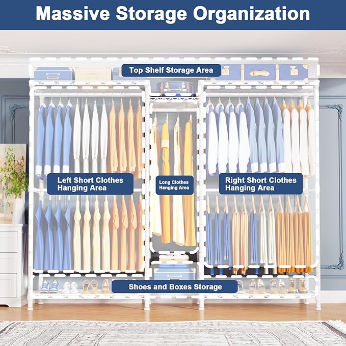 Ulif E12C Heavy Duty Closet Organizer System，Freestanding Clothing Racks for Hanging Clothes，Adjustable Garment Rack 71" W x 16" D x 76.5" H Hold 960 lbs，White Clothing Rack with Grey Dustproof Cover