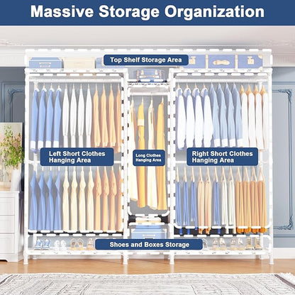 Ulif E12C Heavy Duty Closet Organizer System，Freestanding Clothing Racks for Hanging Clothes，Adjustable Garment Rack 71" W x 16" D x 76.5" H Hold 960 lbs，White Clothing Rack with Grey Dustproof Cover