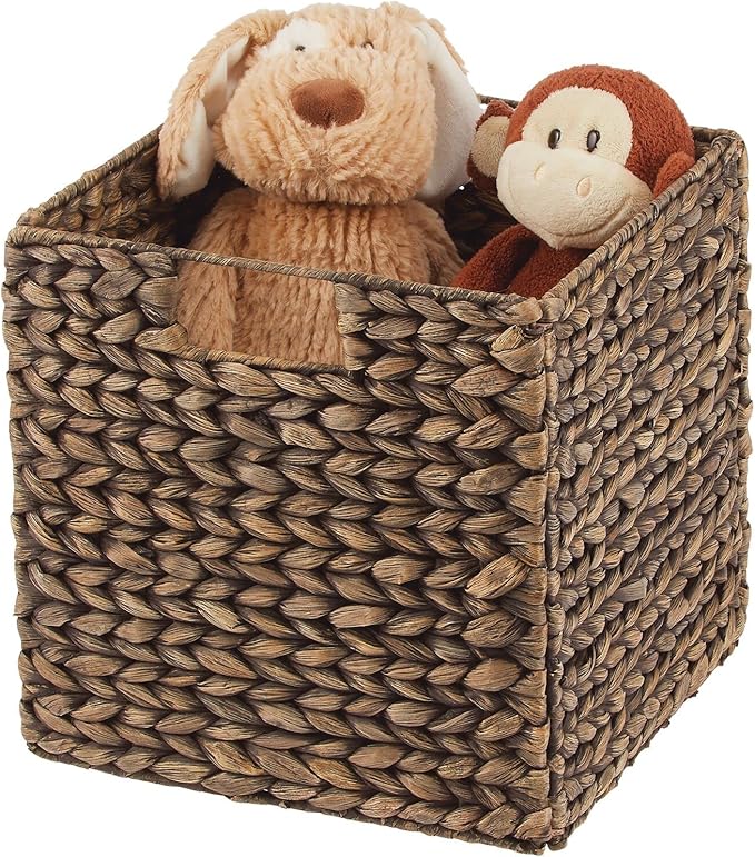 mDesign Natural Woven Hyacinth Cube Organizer Basket with Handles, Storage for Bathroom, Laundry Room Shelf or Nursery - Perfect for Cubby Storage Units - Hold Blankets and Books - 2 Pack, Brown Wash