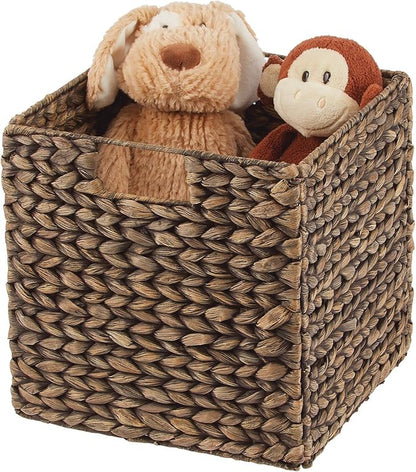 mDesign Natural Woven Hyacinth Cube Organizer Basket with Handles, Storage for Bathroom, Laundry Room Shelf or Nursery - Perfect for Cubby Storage Units - Hold Blankets and Books - 2 Pack, Brown Wash