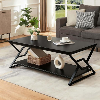 HOMISSUE Coffee Table, Rustic Rectangle Coffee Table with 2-Tier Storage, Engineered Wood Center Table with Open Shelves, Minimalist Coffee Table for Living Room, 47 Inch, Black