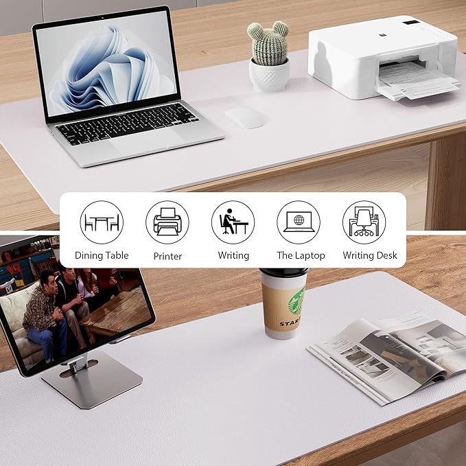 Aothia Faux Leather Desk Mat - Non-Slip PU Leather Desk Blotter, Waterproof Writing Surface, Large Desk Pad for Office & Home (Pale Lavender White, 55" x 17")