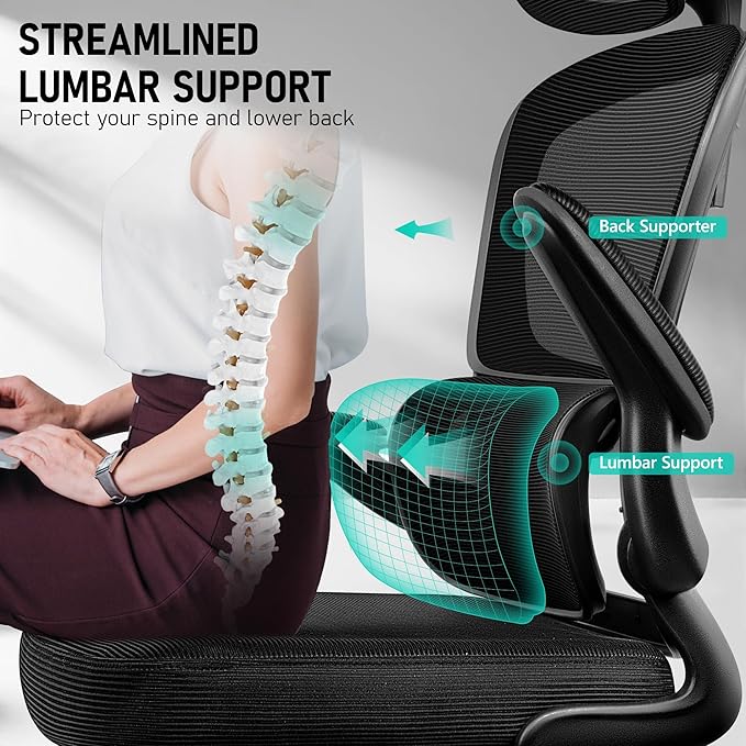 High Back Ergonomic Office Chair, Breathable Mesh Desk Chair with Lumbar Support, Adjustable Headrest, Flip-up Armrests, Computer Gaming Chair, (Black, 10Pack)