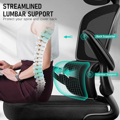 High Back Ergonomic Office Chair, Breathable Mesh Desk Chair with Lumbar Support, Adjustable Headrest, Flip-up Armrests, Computer Gaming Chair, (Black, 2Pack)