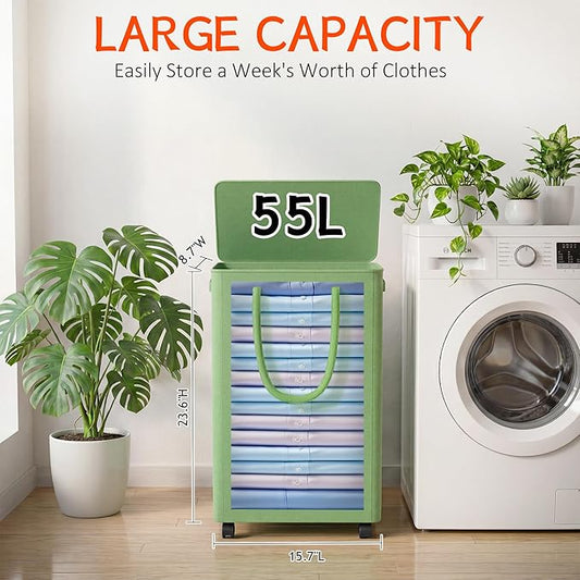 Slim Laundry Hamper with Wheels,15 Gal (55L) Rolling Laundry Basket with lid and wheels Clothes Hamper Foldable Tall Dirty Clothes Basket Sturdy Collapsible Clothes Hamper for Dorm,Laundry Room
