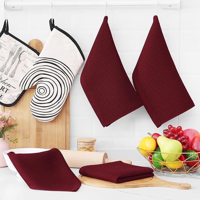 Homaxy 100% Cotton Waffle Weave Kitchen Dish Cloths, Ultra Soft Absorbent Quick Drying Dish Towels, 12 x 12 Inches, 18-Pack, Burgundy