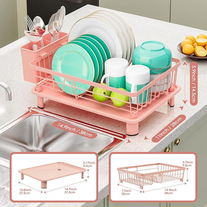 GAOKASE Dish Drying Rack, Stainless Steel-Dish Rack, Dish Racks for Kitchen Counter, Kitchen Dish Drainers with Removable Utensil Holder,New Drain Outlet,Plate Rack and Drainboard,(Pink-11 W x 15" L)