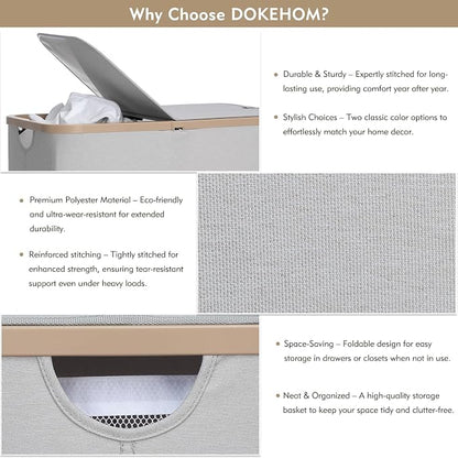 DOKEHOM 160L Extra Large Laundry Hamper with Lid, 2-Section Double Laundry Basket with Removable Mesh Liner Bags, Collapsible Clothes Sorter for Family, Bedroom, Laundry Room, Light Grey