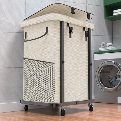 40 Gal(150L) Laundry Basket with Lid, Rolling Laundry Hamper with Wheels, Dirty Clothes Hamper with Metal Frame and Removable Bag Design, Suitable for Laundry Room, Bedroom - White