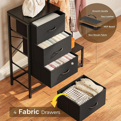 KKL Small Dresser for Bedroom with Clothes Hanging Rack, Reversible Bedroom Dresser with Shoe Rack & 4 Fabric Drawers, 3-in-1 Storage Chest of Drawers with Storage Shelves & Tree Hooks, Black