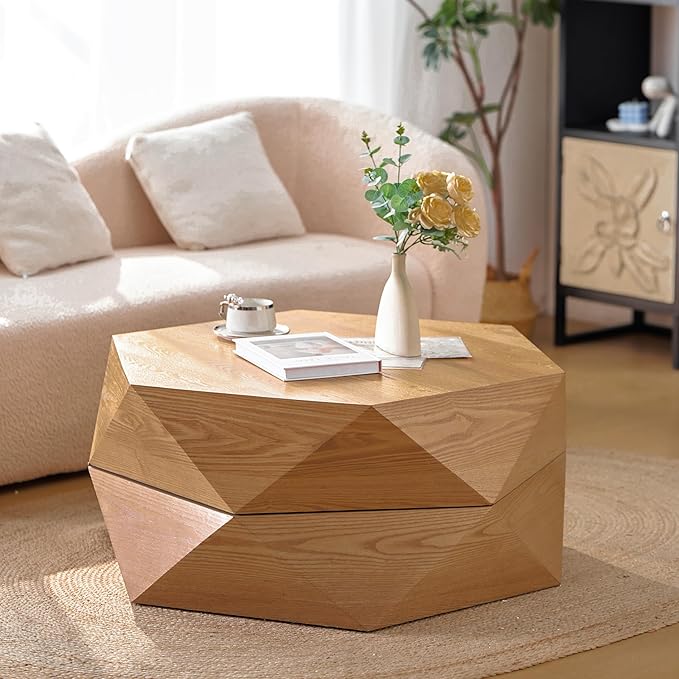 36.61" Round Drum Coffee Table with Storage, Farmhouse Retro Coffee Table for Living Room, Office, Nature