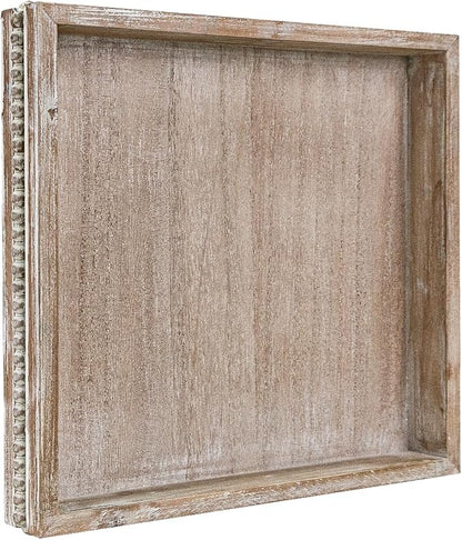 Wooden Decorative Tray, Small Serving Tray with Wood Bead, Farmhouse Big Tray for Ottoman, Countertop, Coffee Tabl, 13" x 13"x 1.6" (White Washed)