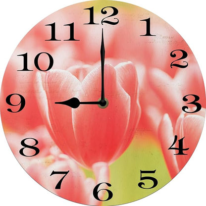 Pink Tulip Wall Clock 10 Inch Wooden Battery Operated Autumn Forest Maple Leaves Wall Clocks Decorative Indoor,Decorative for Kitchen Bathroom Bedroom