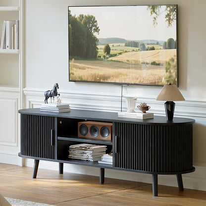 ChooChoo Mid Century Modern TV Stand for TVs up to 60 Inch, Entertainment Center with Fluted Sliding Doors and Hidden Storage, TV Console with Adjustable Shelf for Living Room, Bedroom, Black