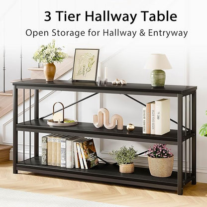LVB Black Entryway Table, Modern Extra Long Sofa Console Table, Metal Wood Narrow Hallway Table with Storage Shelves, Industrial Skinny Foyer Couch Tables for Living Room Bedroom, Black Oak, 70 Inch