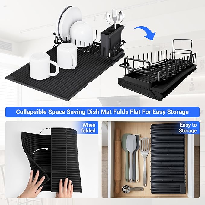 Expandable & Collapsible Dish Drying Rack for Over The Sink and in Sink, Stainless Steel with Silicone Drip Tray, Space Saving Adjustable Dish Rack for Small Kitchen, Apartment & RV