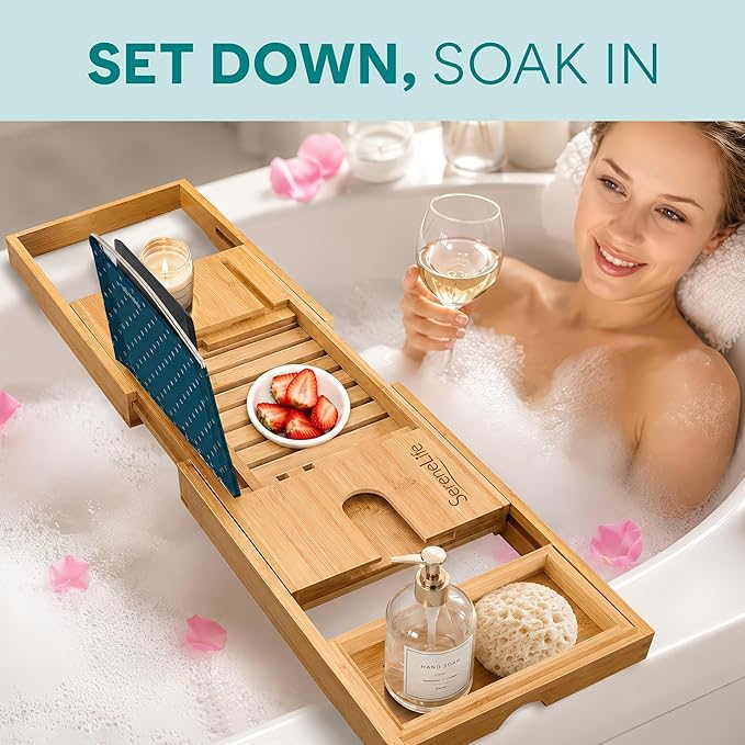 SereneLife Premium Bathtub Tray Caddy, Expandable Bath Tray, Unique House Warming Gifts, Gift for Mom, Women, New Home, Wedding, Anniversary, Bridal Shower, Universal Fit for All Tub -Natural, GiftSet
