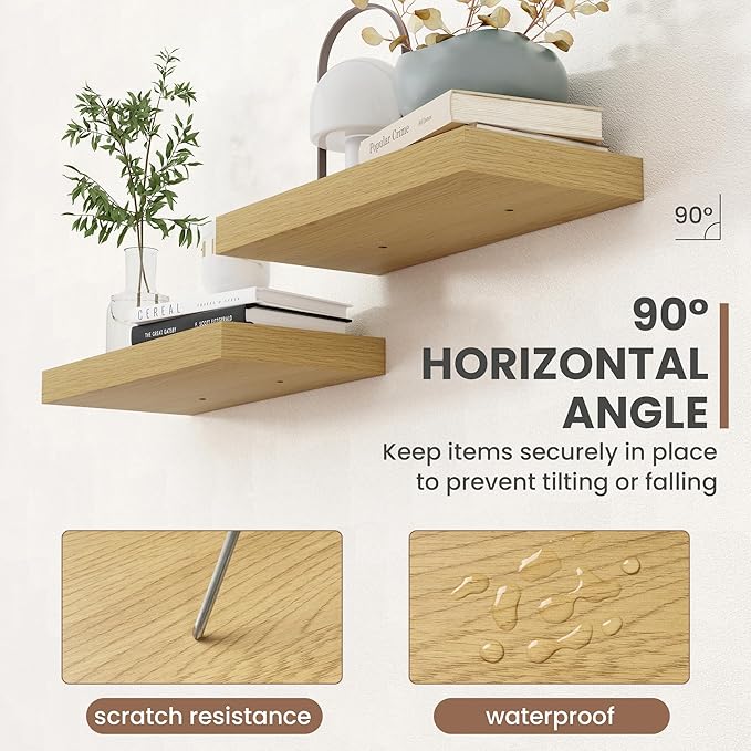 Acovy 40 Inch Floating Shelves, 8 Inch Deep Floating Shelves for Wall, Hanging Shelf with Invisible Brackets, Deep Shelves for Bathroom, Bedroom, Living Room, Oak, Set of 2
