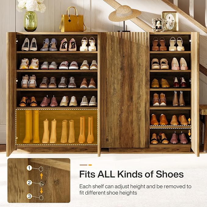 Tribesigns 7-Tier Shoe Cabinet with Fluted Doors, Farmhouse Wooden Shoe Storage Organizer with Adjustable Shelves, 24 Pairs Freestanding Shoe Rack for Entryway, Hallway, Closet, Rustic Brown