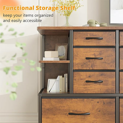EnHomee Dresser with 12 Drawers & LED Lights, Dresser for Bedroom with 4 Open Storage Shelves, Fabric Dressers & Chests of Drawers, Metal Frame, Wood Top,45.2" H x 35.4" W x 11.8" D, Rustic Brown