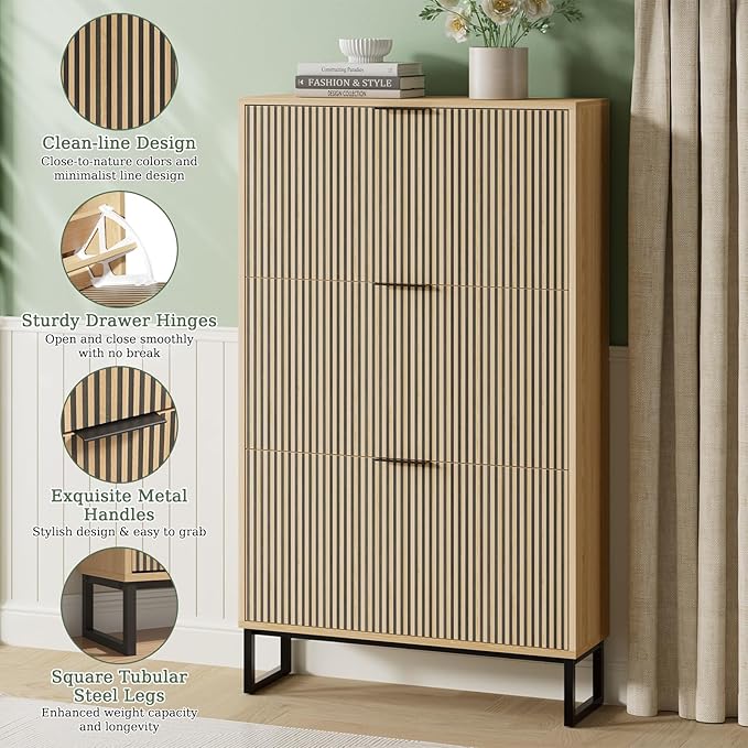 Shoe Cabinet Storage with 3 Flip Drawers, Shoe Organizer Cabinet for Entryway, Modern Freestanding Hidden Shoe Rack Organizer Shoe Cupboard for Hallway, Natural Wood