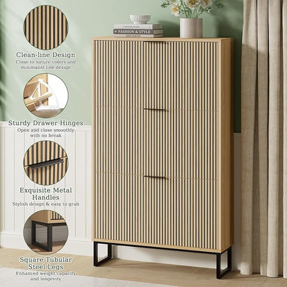 Shoe Cabinet Storage with 3 Flip Drawers, Shoe Organizer Cabinet for Entryway, Modern Freestanding Hidden Shoe Rack Organizer Shoe Cupboard for Hallway, Natural Wood