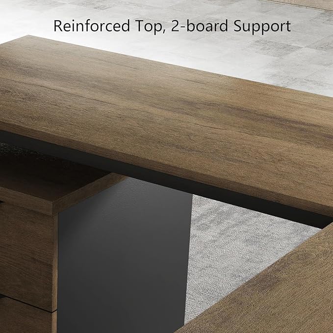 SAINTCY 63 Inch L-Shaped Executive Desk, Industrial Modern Wood Office Desk with 3 Drawers, Built-in Cable Management & Power Outlet, Real Wood Finish, Reversible Left/Right Return Home Workstation