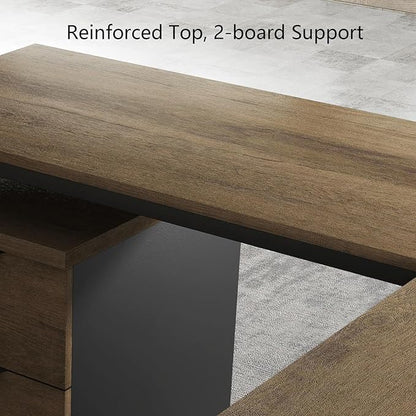 SAINTCY 63 Inch L-Shaped Executive Desk, Industrial Modern Wood Office Desk with 3 Drawers, Built-in Cable Management & Power Outlet, Real Wood Finish, Reversible Left/Right Return Home Workstation