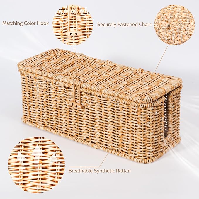 BROWNLILY Cable Management Box, Rattan Style Cord Organizer for Desk Cord Hider Outlet Covers for Power Strip TV PC Router Charger Under Desk Storage with Lockable Lid and Cable Ties