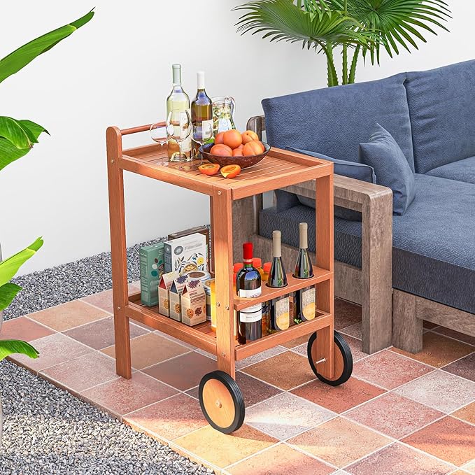 Giantex Wood Bar Cart, 2 Tier Side Table with Large Wheels & Wine Bottle Rack, Home Bar Serving Cart with Teak Oil Finish, Indoor & Outdoor Mobile Beverage Cart for Home, Poolside, Patio