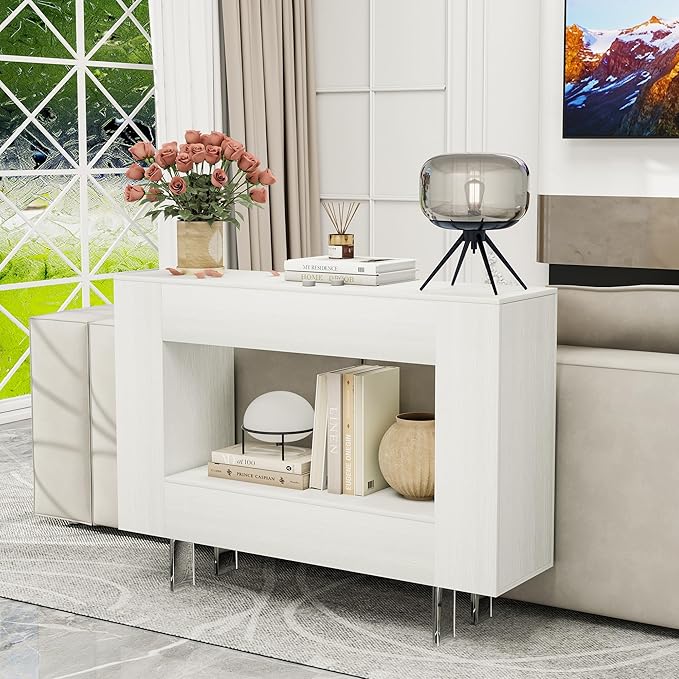 Narrow Console Table with Hidden Side Storage Cabinets, Adjustable Shelves, Modern Entryway Sofa Table for Behind The Couch, Living Room, Hallway, White