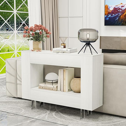 Narrow Console Table with Hidden Side Storage Cabinets, Adjustable Shelves, Modern Entryway Sofa Table for Behind The Couch, Living Room, Hallway, White