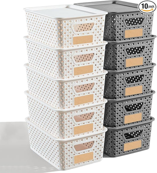 10 Pack Small Plastic Storage Bins with Lids, Stackable Plastic Storage Baskets for Organizing with Handles, Organizer Bins with Labels for Room, Craft, Containers for Pantry Organizers and Storage