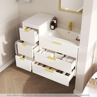 12 Inch Floating Bathroom Side Cabinet, Wall Mounted Bathroom Storage Cabinet with 3 Drawers, Modern Slim Organizer with Decor Line, Gold Metal Pulls