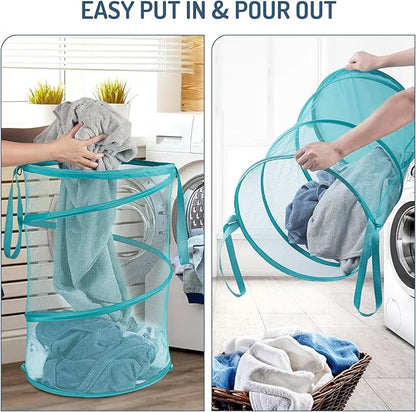 Seiritex Mesh Popup Laundry Hamper 115L Collapsible Laundry Basket No Lid Extra Large Capacity Foldable Clothing Storage Basket with Handles 26 H x 18 W x 18 L (Turquoise Blue)